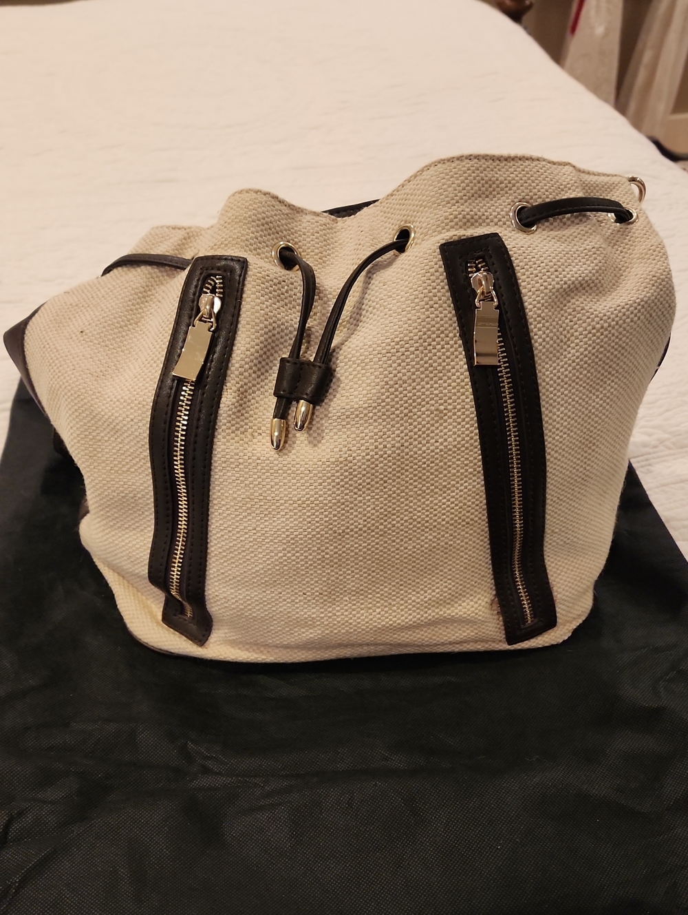 Canvas Drawstring Bucket Bag with Black Trim